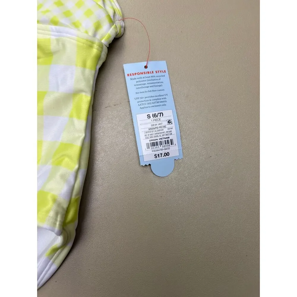 Cat & Jack Girls Yellow Gingham One Piece Swimsuit Size S 6/7 NWT Cutout UPF 50